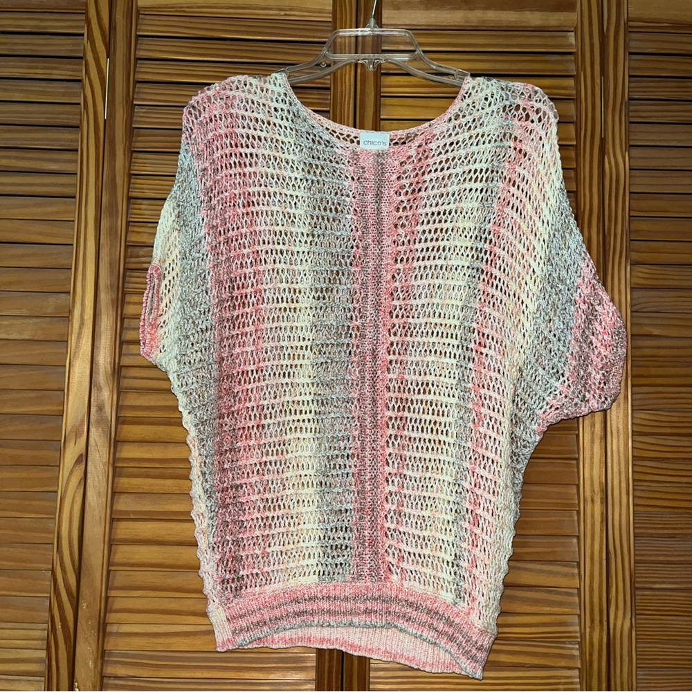 Chico’s Space-Dye Marlene Pullover Open Knit Short Sleeve Sweater Size 0, Small